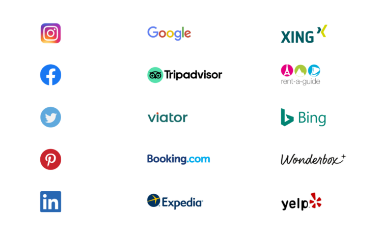 Online marketing tools and channels for your business success: XING, Rent A Guide, Bing, Wonderbox, Yelp, Expedia, Booking.com, Viator, TripAdvisor, Facebook, Instagram, Twitter, Pinterest, LinkedIn and Google.