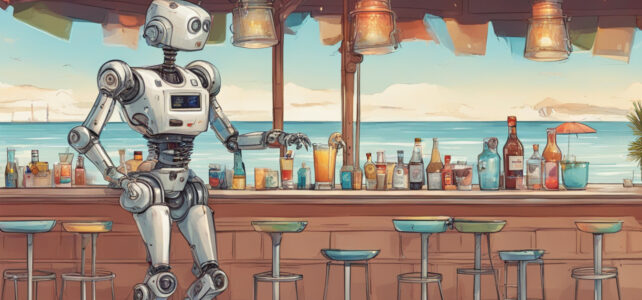 Tourism Marketing Robot standing at a beach bar